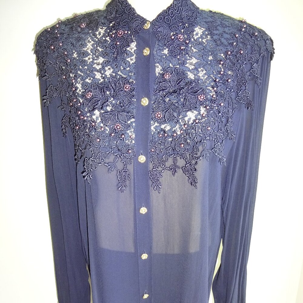 NOS New Vintage Cix & Co Saveria Milo Blue Sheer Top Blouse M L Beads Flowers
